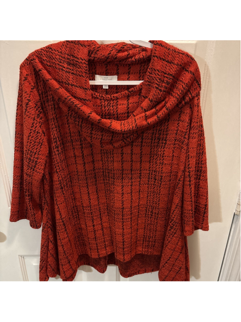New Directions XL Red & Black Plain Sweater Tunic Cowl Neck 3/4 Sleeve